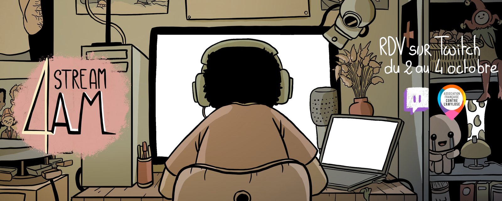 Illustration : une personne au casque devant son écran, Stream4AM sur Twitch du 2 au 4 octobre